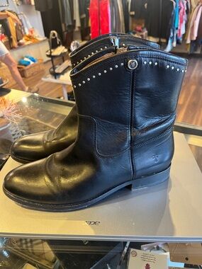 Frye Black Leather Studded Ankle Boots